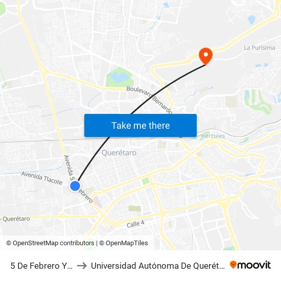 5 De Febrero Y Xicotencatl to Universidad Autónoma De Querétaro Campus Aeropuerto map