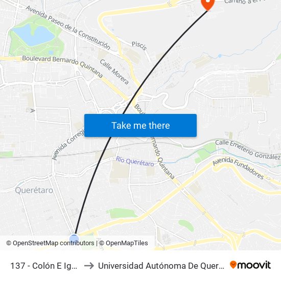 137 - Colón E Ignacio Zaragoza to Universidad Autónoma De Querétaro Campus Aeropuerto map