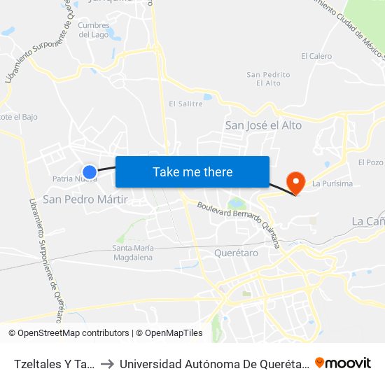 Tzeltales Y Tarahumaras to Universidad Autónoma De Querétaro Campus Aeropuerto map