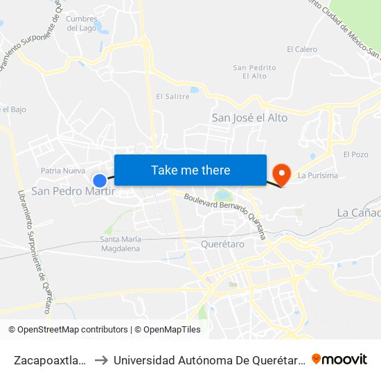 Zacapoaxtlas Y Mayas to Universidad Autónoma De Querétaro Campus Aeropuerto map