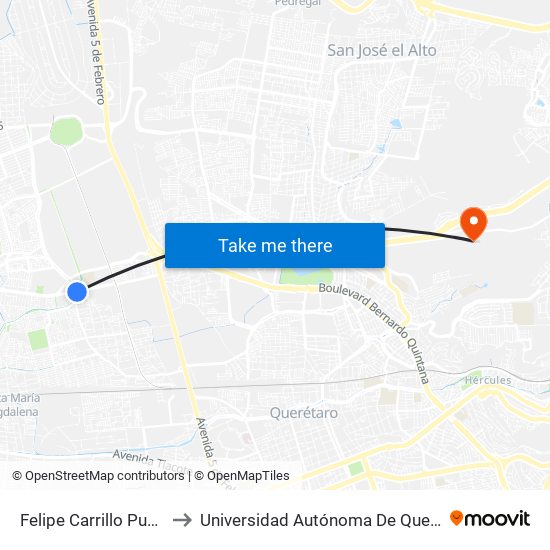 Felipe Carrillo Puerto Y Revolución to Universidad Autónoma De Querétaro Campus Aeropuerto map