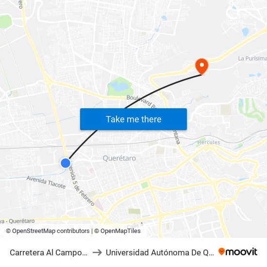 Carretera Al Campo Militar Y 5 De Febrero to Universidad Autónoma De Querétaro Campus Aeropuerto map