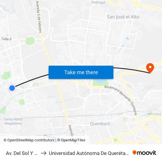 Av. Del Sol Y Vía Lactea to Universidad Autónoma De Querétaro Campus Aeropuerto map