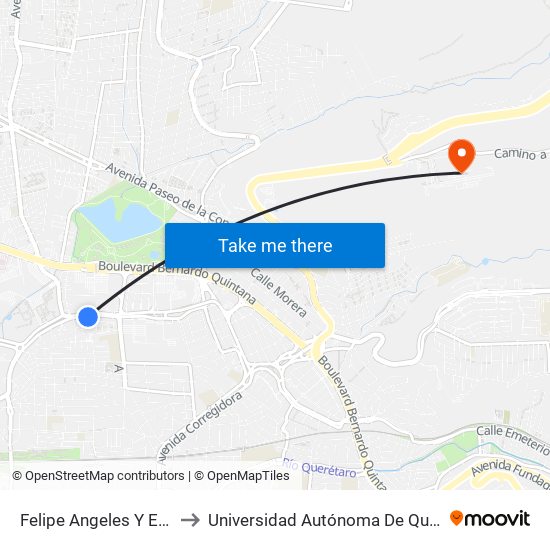 Felipe Angeles Y Epigmenio Gonzalez to Universidad Autónoma De Querétaro Campus Aeropuerto map