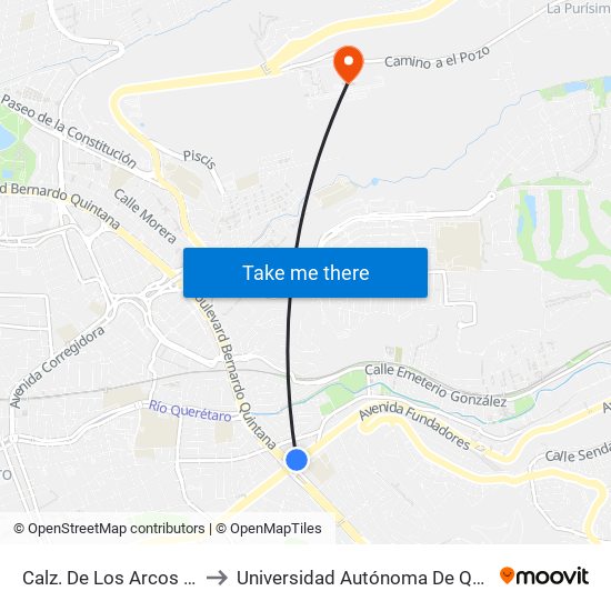 Calz. De Los Arcos Y Bernardo Quintana to Universidad Autónoma De Querétaro Campus Aeropuerto map