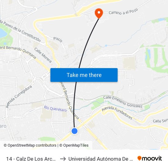14 - Calz De Los Arcos Y Puente De Alvarado to Universidad Autónoma De Querétaro Campus Aeropuerto map