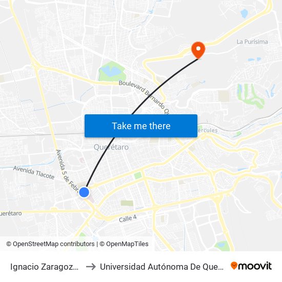 Ignacio Zaragoza Y 5 De Febrero to Universidad Autónoma De Querétaro Campus Aeropuerto map