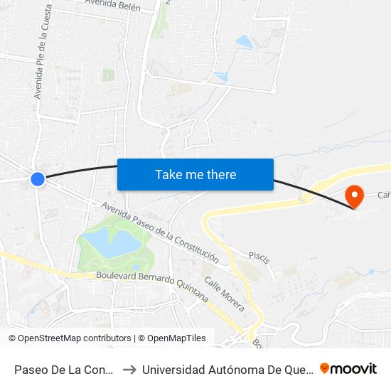 Paseo De La Constitución Y Tlaloc to Universidad Autónoma De Querétaro Campus Aeropuerto map