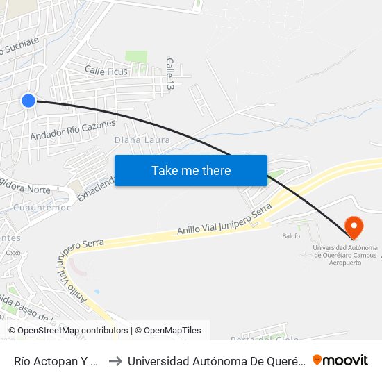 Río Actopan Y Río San Pedro to Universidad Autónoma De Querétaro Campus Aeropuerto map