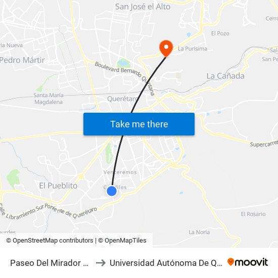 Paseo Del Mirador Y Mirador Del Cubilete to Universidad Autónoma De Querétaro Campus Aeropuerto map