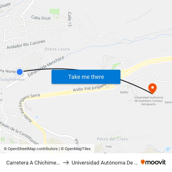 Carretera A Chichimequillas Y Priv. Moctezuma to Universidad Autónoma De Querétaro Campus Aeropuerto map