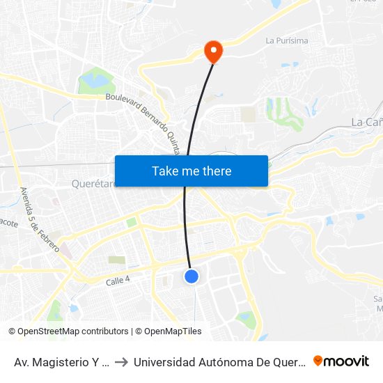 Av. Magisterio Y  Pza. Santa Ana to Universidad Autónoma De Querétaro Campus Aeropuerto map