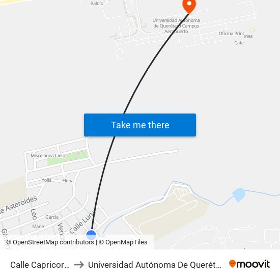 Calle Capricornio Y Tierra to Universidad Autónoma De Querétaro Campus Aeropuerto map