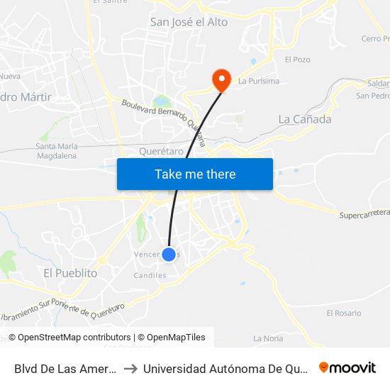 Blvd De Las Americas Y Rio Tamesi to Universidad Autónoma De Querétaro Campus Aeropuerto map