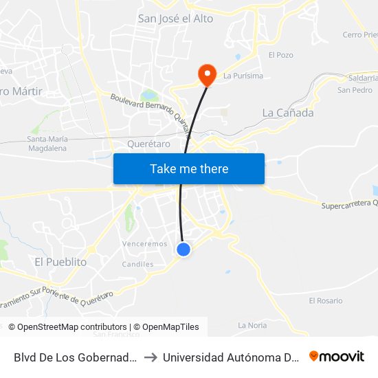 Blvd De Los Gobernadores Y Villas Del Campanario to Universidad Autónoma De Querétaro Campus Aeropuerto map
