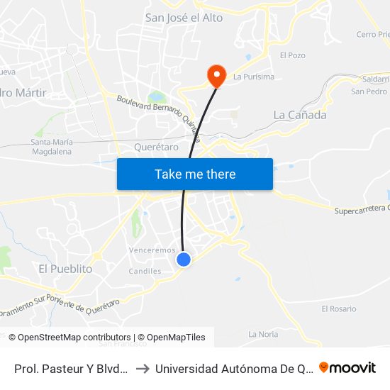 Prol. Pasteur Y Blvd De Los Gobernadores to Universidad Autónoma De Querétaro Campus Aeropuerto map
