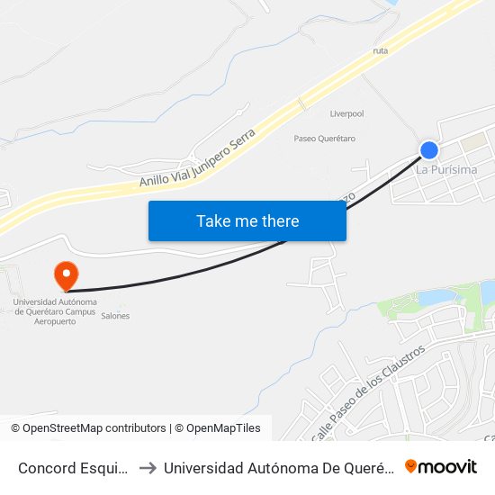 Concord Esquina Camelinas to Universidad Autónoma De Querétaro Campus Aeropuerto map