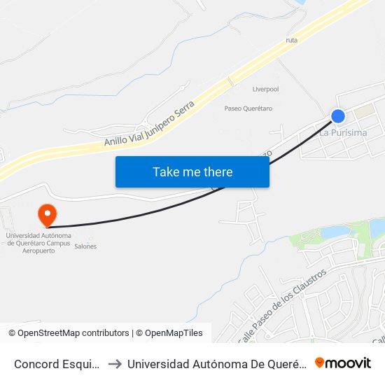 Concord Esquina Camelinas to Universidad Autónoma De Querétaro Campus Aeropuerto map