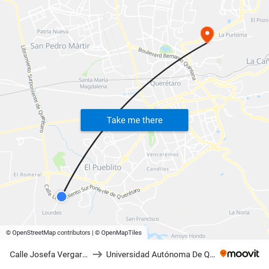 Calle Josefa Vergara Y Calle Valle Dorado to Universidad Autónoma De Querétaro Campus Aeropuerto map