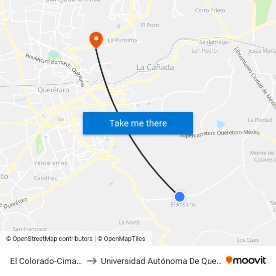 El Colorado-Cimatario Y El Rosario to Universidad Autónoma De Querétaro Campus Aeropuerto map