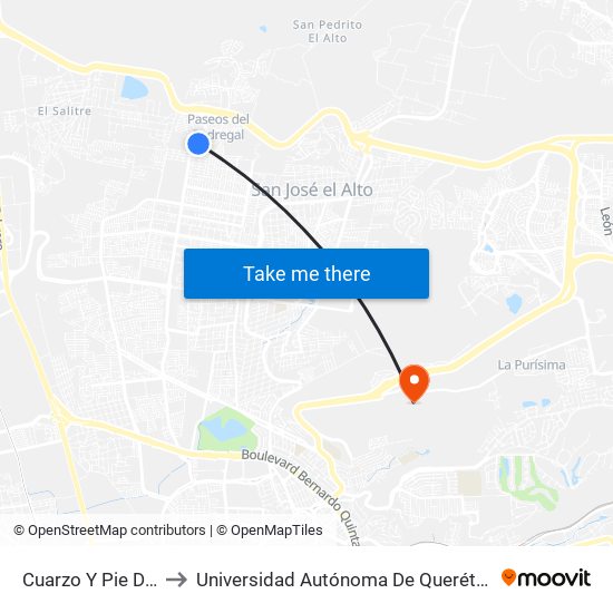 Cuarzo Y Pie De La Cuesta to Universidad Autónoma De Querétaro Campus Aeropuerto map