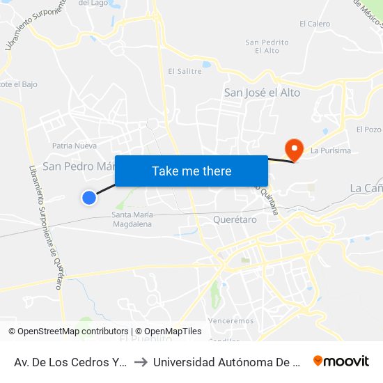 Av. De Los Cedros Y Paseo De La Alborada to Universidad Autónoma De Querétaro Campus Aeropuerto map