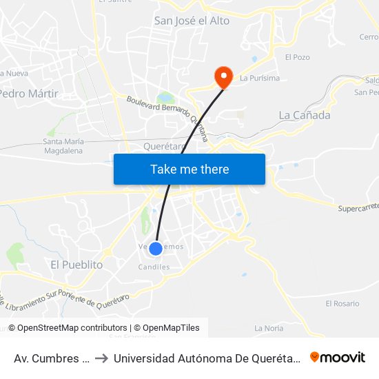 Av. Cumbres Y Naranjo to Universidad Autónoma De Querétaro Campus Aeropuerto map