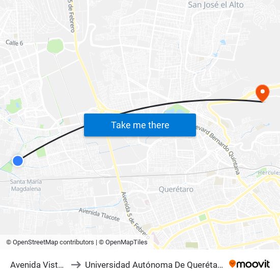 Avenida Vista Hermosa to Universidad Autónoma De Querétaro Campus Aeropuerto map