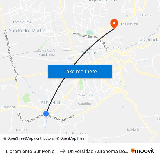 Libramiento Sur Poniente Y Camino A La Negreta to Universidad Autónoma De Querétaro Campus Aeropuerto map
