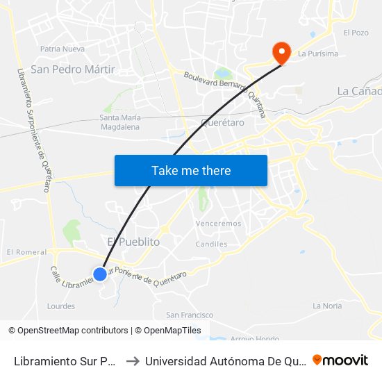 Libramiento Sur Poniente Y Santa Ana to Universidad Autónoma De Querétaro Campus Aeropuerto map