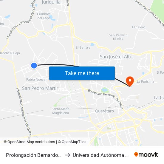 Prolongación Bernardo Quintana Y Boulevard Peña Flor to Universidad Autónoma De Querétaro Campus Aeropuerto map