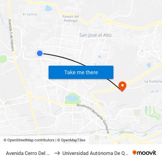 Avenida Cerro Del Sombrerete Y Calle 6 to Universidad Autónoma De Querétaro Campus Aeropuerto map