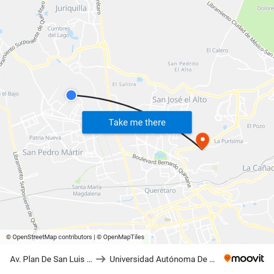 Av. Plan De San Luis Y Condominio Katzura to Universidad Autónoma De Querétaro Campus Aeropuerto map