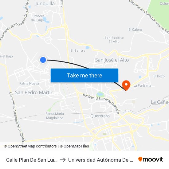 Calle Plan De San Luis Y Calle Tomas Urbina to Universidad Autónoma De Querétaro Campus Aeropuerto map