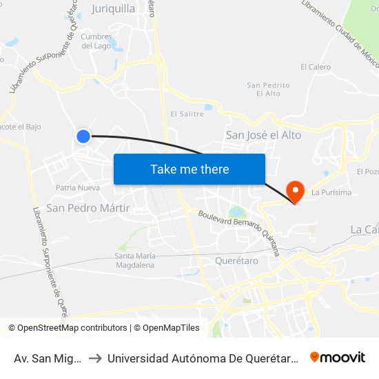 Av. San Miguel 6056 to Universidad Autónoma De Querétaro Campus Aeropuerto map