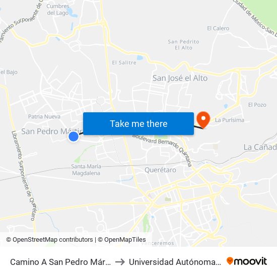 Camino A San Pedro Mártir Y Prolongación Bernardo Quintana to Universidad Autónoma De Querétaro Campus Aeropuerto map