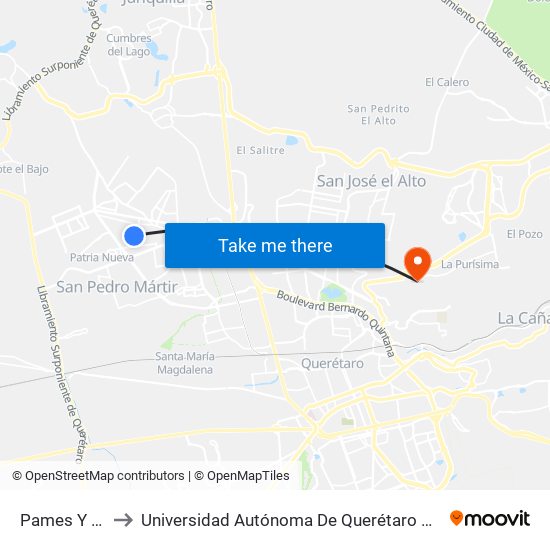 Pames Y Choles to Universidad Autónoma De Querétaro Campus Aeropuerto map