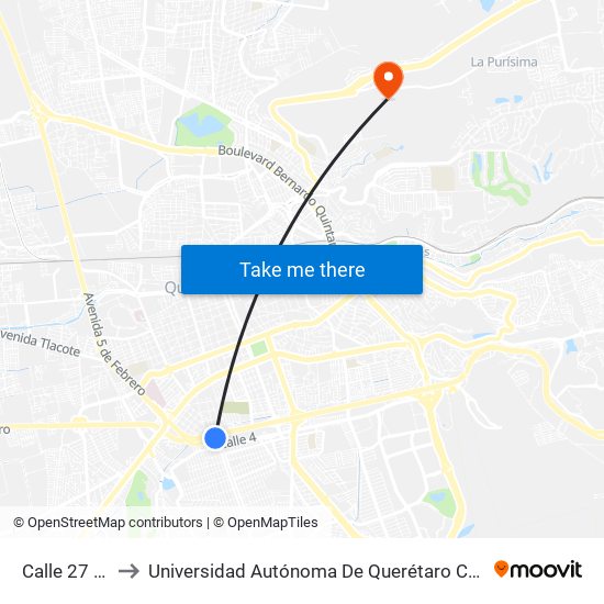 Calle 27 Y Av 2 to Universidad Autónoma De Querétaro Campus Aeropuerto map