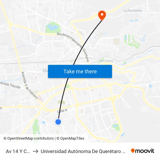 Av 14 Y Calle 31 to Universidad Autónoma De Querétaro Campus Aeropuerto map