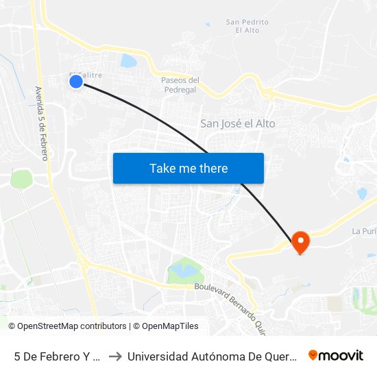 5 De Febrero Y Nueva España to Universidad Autónoma De Querétaro Campus Aeropuerto map