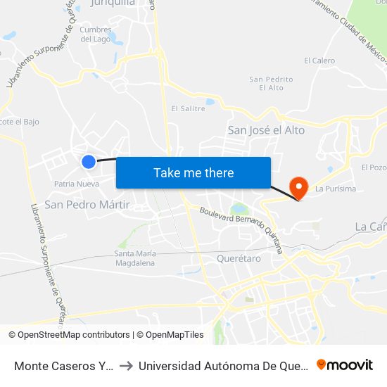 Monte Caseros Y Monte Parnaso to Universidad Autónoma De Querétaro Campus Aeropuerto map