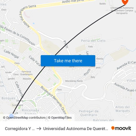 Corregidora Y Calle Marte to Universidad Autónoma De Querétaro Campus Aeropuerto map