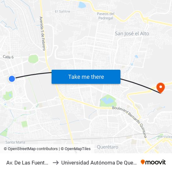 Av. De Las Fuentes Y De La Lluvia to Universidad Autónoma De Querétaro Campus Aeropuerto map