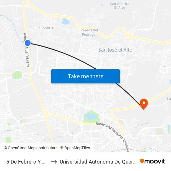 5 De Febrero Y Palma Cocotera to Universidad Autónoma De Querétaro Campus Aeropuerto map