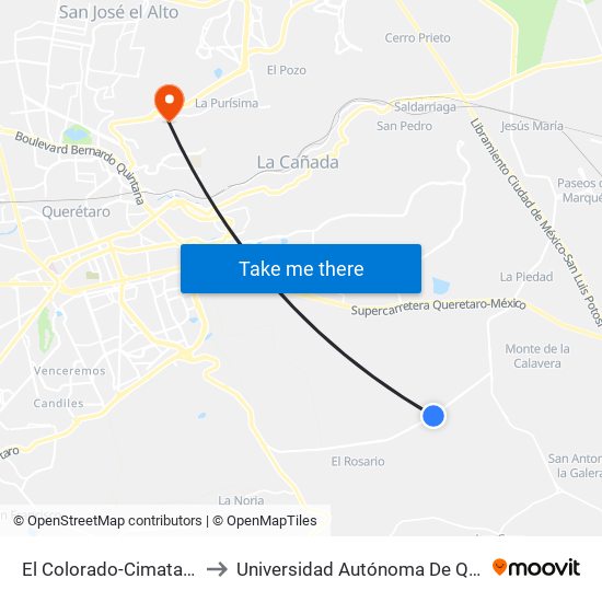 El Colorado-Cimatario Y Ciudad Marques to Universidad Autónoma De Querétaro Campus Aeropuerto map