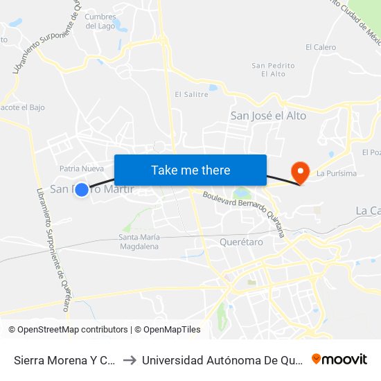 Sierra Morena Y Condominio Madrid to Universidad Autónoma De Querétaro Campus Aeropuerto map