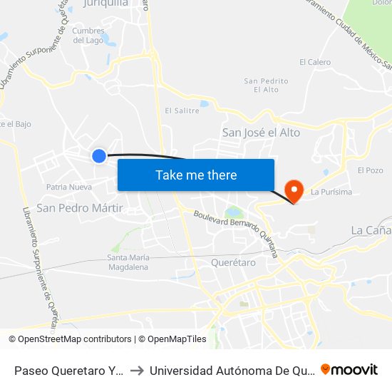 Paseo Queretaro Y Villa De San Miguel to Universidad Autónoma De Querétaro Campus Aeropuerto map