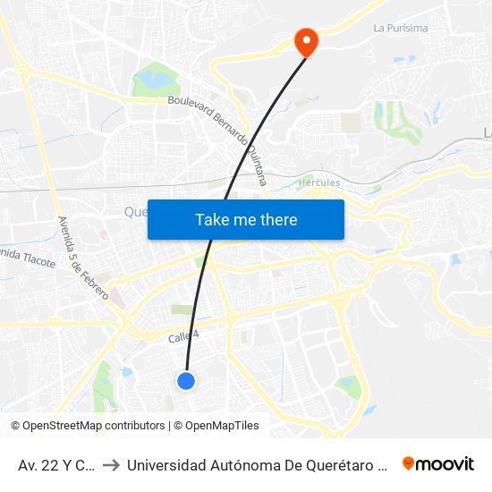 Av. 22 Y Calle 25 to Universidad Autónoma De Querétaro Campus Aeropuerto map