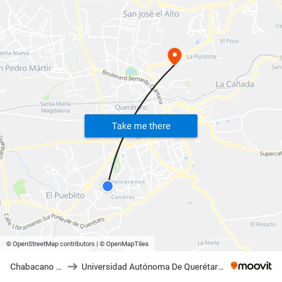 Chabacano Y Tablero to Universidad Autónoma De Querétaro Campus Aeropuerto map