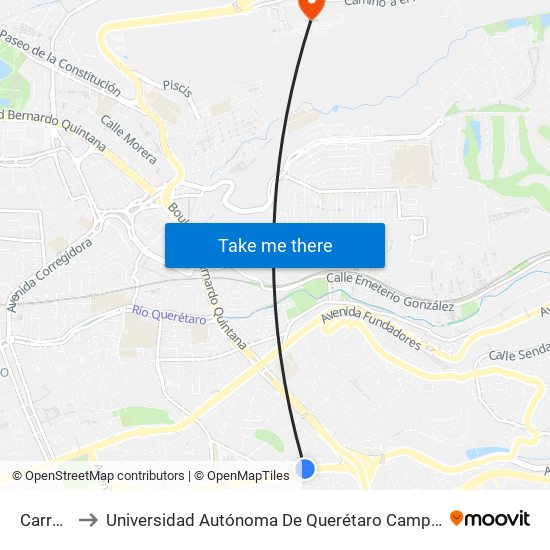 Carretas to Universidad Autónoma De Querétaro Campus Aeropuerto map